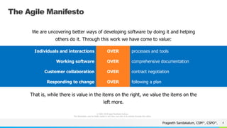NAME OR LOGO
The Agile Manifesto
4Prageeth Sandakalum, CSM®, CSPO®,
Individuals and interactions OVER processes and tools
Working software OVER comprehensive documentation
Customer collaboration OVER contract negotiation
Responding to change OVER following a plan
That is, while there is value in the items on the right, we value the items on the
left more.
We are uncovering better ways of developing software by doing it and helping
others do it. Through this work we have come to value:
© 2001-2019 Agile Manifesto Authors
This declaration may be freely copied in any form, but only in its entirety through this notice.
 