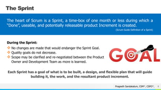 NAME OR LOGO
The Sprint
8Prageeth Sandakalum, CSM®, CSPO®,
During the Sprint:
 No changes are made that would endanger the Sprint Goal.
 Quality goals do not decrease.
 Scope may be clarified and re-negotiated between the Product
Owner and Development Team as more is learned.
The heart of Scrum is a Sprint, a time-box of one month or less during which a
“Done”, useable, and potentially releasable product Increment is created.
(Scrum Guide Definition of a Sprint)
Each Sprint has a goal of what is to be built, a design, and flexible plan that will guide
building it, the work, and the resultant product increment.
 