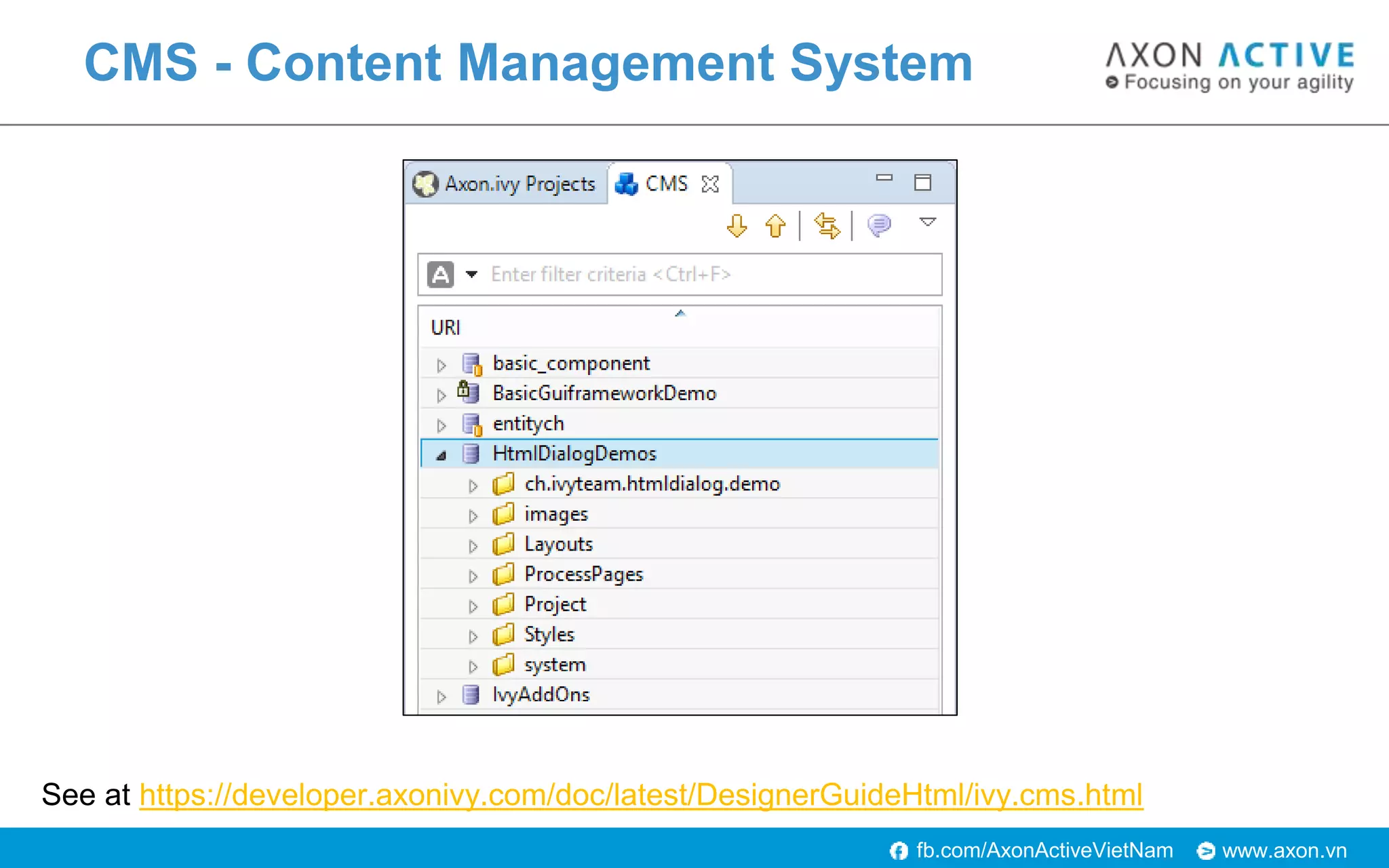 www.axon.vnfb.com/AxonActiveVietNam
CMS - Content Management System
See at https://developer.axonivy.com/doc/latest/DesignerGuideHtml/ivy.cms.html
 