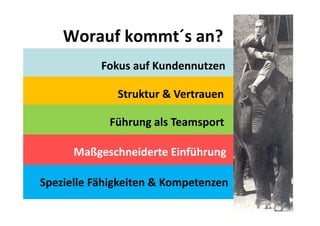 Worauf kommt´s an?
           Fokus auf Kundennutzen

              Struktur & Vertrauen

            Führung als Teamsport

      Maßgeschneiderte Einführung

Spezielle Fähigkeiten & Kompetenzen
 