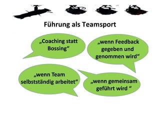 Führung als Teamsport

       „Coaching statt      „wenn Feedback 
          Bossing“           gegeben und 
                           genommen wird“

     „wenn Team 
selbstständig arbeitet“   „wenn gemeinsam 
                            geführt wird “ 
 