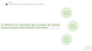 COSA E’
Rhubbit srl
T: 080.891.54.61
M: 342.05.99.023
W: www.rhubbit.com
Lo SCRUM è una metodologia agile di sviluppo del software
ideata e sviluppata da Ken Schwaber e Mike Beedle
SMART PROJECT MANAGEMENT FOR SMART PEOPLE
Product
Backlog
Sprint
Backlog
Daily
Scrum
Meeting
 