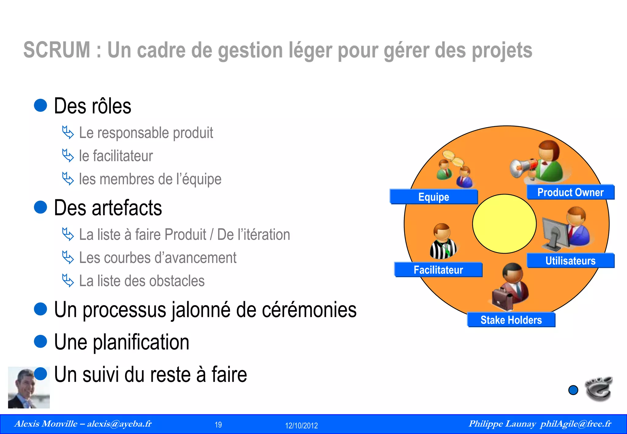 SCRUM : Un cadre de gestion léger pour gérer des projets
 Des rôles
 Le responsable produit
 le facilitateur
 les membres de l’équipe
Equipe

 Des artefacts
 La liste à faire Produit / De l’itération
 Les courbes d’avancement
 La liste des obstacles

 Un processus jalonné de cérémonies
 Une planification
 Un suivi du reste à faire
Alexis Monville – alexis@ayeba.fr
19
Philippe Launay
13/09/2010

19

12/10/2012

Product Owner

Utilisateurs

Facilitateur

Stake Holders

Philippe Launay philAgile@free.fr
PhilAgile@free.fr

 