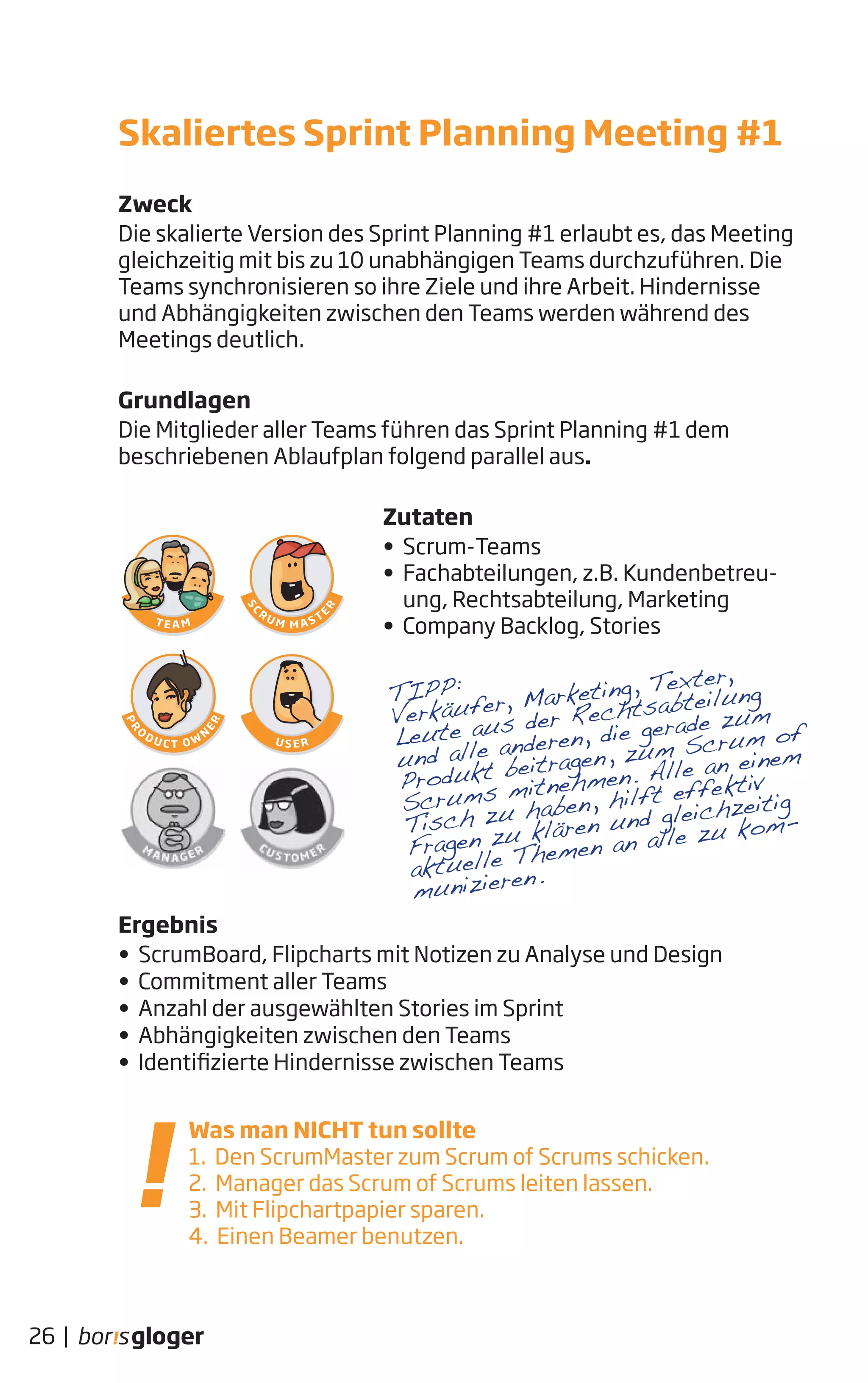 26 |
Zweck
Die skalierte Version des Sprint Planning #1 erlaubt es, das Meeting
gleichzeitig mit bis zu 10 unabhängigen Teams durchzuführen. Die
Teams synchronisieren so ihre Ziele und ihre Arbeit. Hindernisse
und Abhängigkeiten zwischen den Teams werden während des
Meetings deutlich.
Grundlagen
Die Mitglieder aller Teams führen das Sprint Planning #1 dem
beschriebenen Ablaufplan folgend parallel aus.
Zutaten
• Scrum-Teams
• Fachabteilungen, z.B. Kundenbetreu-
ung, Rechtsabteilung, Marketing
• Company Backlog, Stories
Ergebnis
• ScrumBoard, Flipcharts mit Notizen zu Analyse und Design
• Commitment aller Teams
• Anzahl der ausgewählten Stories im Sprint
• Abhängigkeiten zwischen den Teams
• Identifizierte Hindernisse zwischen Teams
Skaliertes Sprint Planning Meeting #1
TIPP:
Verkäufer, Marketing, Texter,
Leute aus der Rechtsabteilung
und alle anderen, die gerade zum
Produkt beitragen, zum Scrum of
Scrums mitnehmen. Alle an einem
Tisch zu haben, hilft effektiv
Fragen zu klären und gleichzeitig
aktuelle Themen an alle zu kom-
munizieren.
Was man NICHT tun sollte
1. Den ScrumMaster zum Scrum of Scrums schicken.
2. Manager das Scrum of Scrums leiten lassen.
3. Mit Flipchartpapier sparen.
4. Einen Beamer benutzen.
 