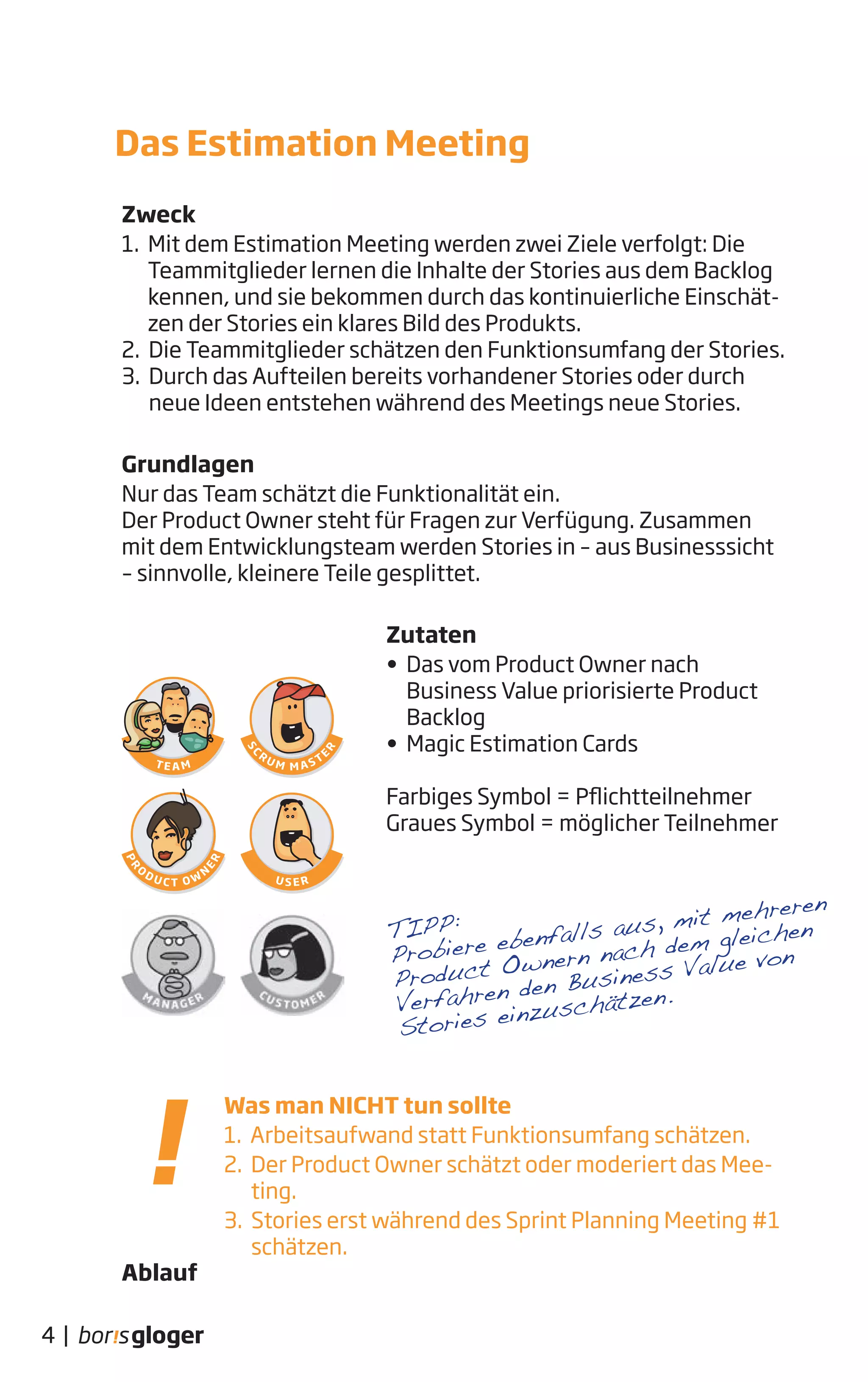 Zweck
1. Mit dem Estimation Meeting werden zwei Ziele verfolgt: Die
Teammitglieder lernen die Inhalte der Stories aus dem Backlog
kennen, und sie bekommen durch das kontinuierliche Einschät-
zen der Stories ein klares Bild des Produkts.
2. Die Teammitglieder schätzen den Funktionsumfang der Stories.
3. Durch das Aufteilen bereits vorhandener Stories oder durch
neue Ideen entstehen während des Meetings neue Stories.
Grundlagen
Nur das Team schätzt die Funktionalität ein.
Der Product Owner steht für Fragen zur Verfügung. Zusammen
mit dem Entwicklungsteam werden Stories in – aus Businesssicht
– sinnvolle, kleinere Teile gesplittet.
Zutaten
• Das vom Product Owner nach
Business Value priorisierte Product
Backlog
• Magic Estimation Cards
Farbiges Symbol = Pflichtteilnehmer
Graues Symbol = möglicher Teilnehmer
Ablauf
Das Estimation Meeting
Was man NICHT tun sollte
1. Arbeitsaufwand statt Funktionsumfang schätzen.
2. Der Product Owner schätzt oder moderiert das Mee-
ting.
3. Stories erst während des Sprint Planning Meeting #1
schätzen.
4 |
TIPP:
Probiere ebenfalls aus, mit mehreren
Product Ownern nach dem gleichen
Verfahren den Business Value von
Stories einzuschätzen.
 