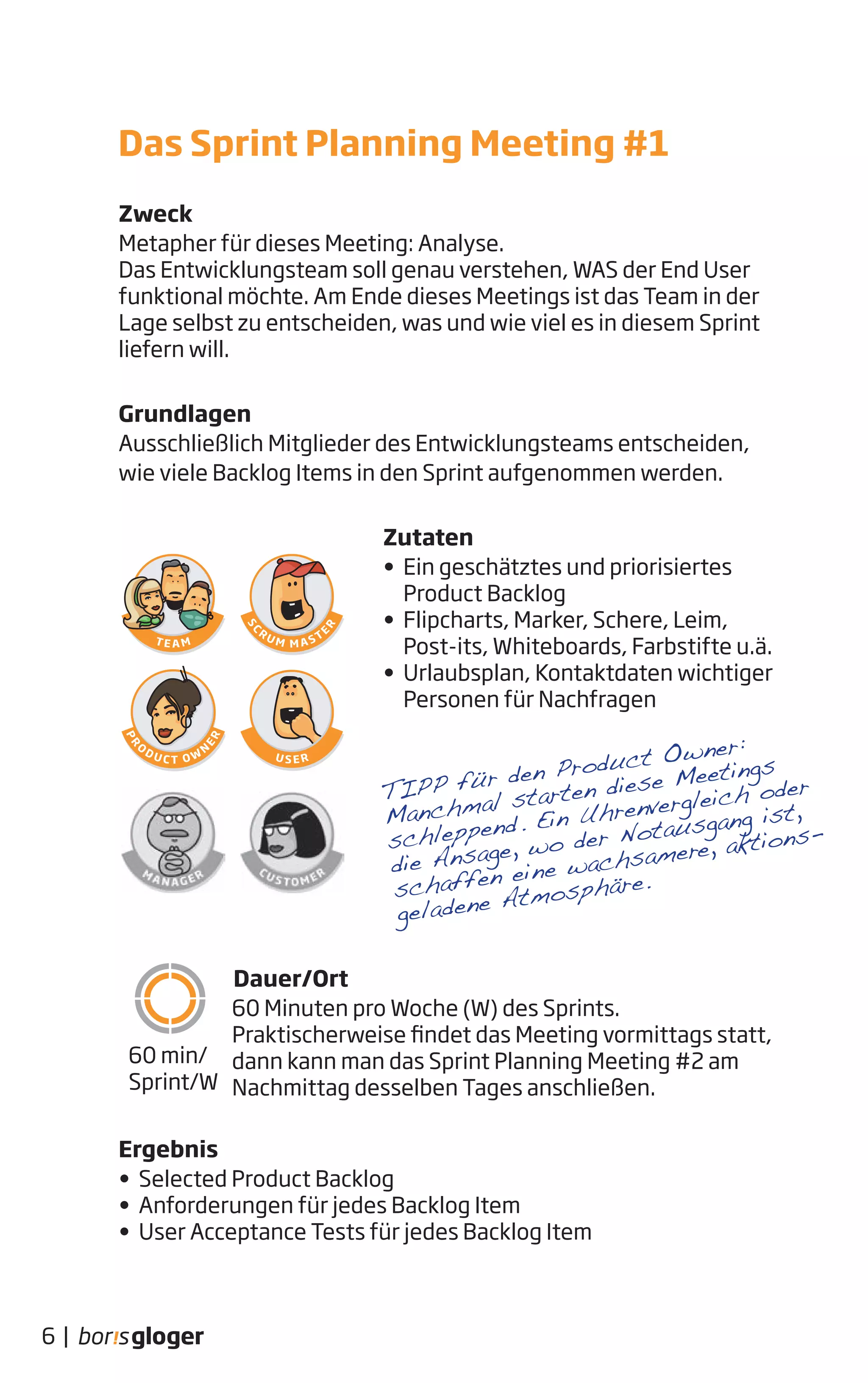Zweck
Metapher für dieses Meeting: Analyse.
Das Entwicklungsteam soll genau verstehen, WAS der End User
funktional möchte. Am Ende dieses Meetings ist das Team in der
Lage selbst zu entscheiden, was und wie viel es in diesem Sprint
liefern will.
Grundlagen
Ausschließlich Mitglieder des Entwicklungsteams entscheiden,
wie viele Backlog Items in den Sprint aufgenommen werden.
Zutaten
• Ein geschätztes und priorisiertes
Product Backlog
• Flipcharts, Marker, Schere, Leim,
Post-its, Whiteboards, Farbstifte u.ä.
• Urlaubsplan, Kontaktdaten wichtiger
Personen für Nachfragen
Dauer/Ort
60 Minuten pro Woche (W) des Sprints.
Praktischerweise findet das Meeting vormittags statt,
dann kann man das Sprint Planning Meeting #2 am
Nachmittag desselben Tages anschließen.
Ergebnis
• Selected Product Backlog
• Anforderungen für jedes Backlog Item
• User Acceptance Tests für jedes Backlog Item
Das Sprint Planning Meeting #1
6 |
TIPP für den Product Owner:
Manchmal starten diese Meetings
schleppend. Ein Uhrenvergleich oder
die Ansage, wo der Notausgang ist,
schaffen eine wachsamere, aktions-
geladene Atmosphäre.
60 min/
Sprint/W
 