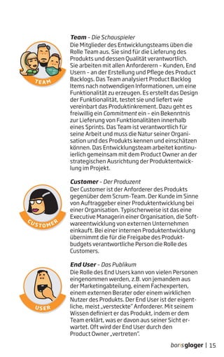 Team – Die Schauspieler
Die Mitglieder des Entwicklungsteams üben die
Rolle Team aus. Sie sind für die Lieferung des
Produkts und dessen Qualität verantwortlich.
Sie arbeiten mit allen Anforderern – Kunden, End
Usern – an der Erstellung und Pflege des Product
Backlogs. Das Team analysiert Product Backlog
Items nach notwendigen Informationen, um eine
Funktionalität zu erzeugen. Es erstellt das Design
der Funktionalität, testet sie und liefert wie
vereinbart das Produktinkrement. Dazu geht es
freiwillig ein Commitment ein – ein Bekenntnis
zur Lieferung von Funktionalitäten innerhalb
eines Sprints. Das Team ist verantwortlich für
seine Arbeit und muss die Natur seiner Organi-
sation und des Produkts kennen und einschätzen
können. Das Entwicklungsteam arbeitet kontinu-
ierlich gemeinsam mit dem Product Owner an der
strategischen Ausrichtung der Produktentwick-
lung im Projekt.
Customer – Der Produzent
Der Customer ist der Anforderer des Produkts
gegenüber dem Scrum-Team. Der Kunde im Sinne
von Auftraggeber einer Produktentwicklung bei
einer Organisation. Typischerweise ist das eine
Executive Managerin einer Organisation, die Soft-
wareentwicklung von externen Unternehmen
einkauft. Bei einer internen Produktentwicklung
übernimmt die für die Freigabe des Produkt-
budgets verantwortliche Person die Rolle des
Customers.
End User – Das Publikum
Die Rolle des End Users kann von vielen Personen
eingenommen werden, z.B. von jemandem aus
der Marketingabteilung, einem Fachexperten,
einem externen Berater oder einem wirklichen
Nutzer des Produkts. Der End User ist der eigent-
liche, meist „versteckte“ Anforderer. Mit seinem
Wissen definiert er das Produkt, indem er dem
Team erklärt, was er davon aus seiner Sicht er-
wartet. Oft wird der End User durch den
Product Owner „vertreten“.
15|
 