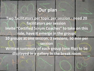 Two facilitators per topic per session - need 20 facilitators per session  Invite “Certified Scrum Coaches” to take on this role, have it emerge in the groups 10 groups at one session, 3 sessions, 50 min per session Written summary of each group (one flip) to be displayed in a gallery in the break room Our plan 
