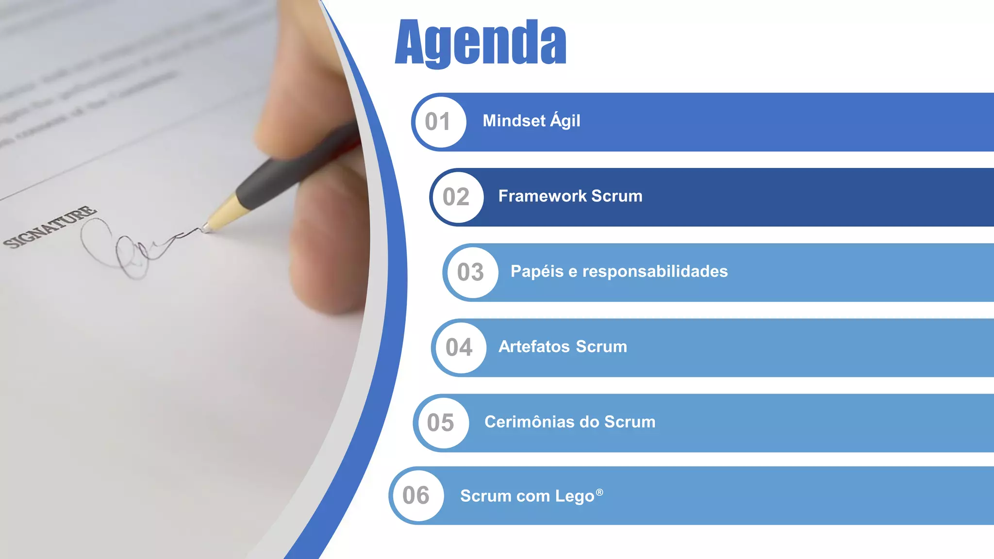 Agenda
01 Mindset Ágil
02 Framework Scrum
03 Papéis e responsabilidades
04 Artefatos Scrum
05 Cerimônias do Scrum
06 Scrum com Lego®
 