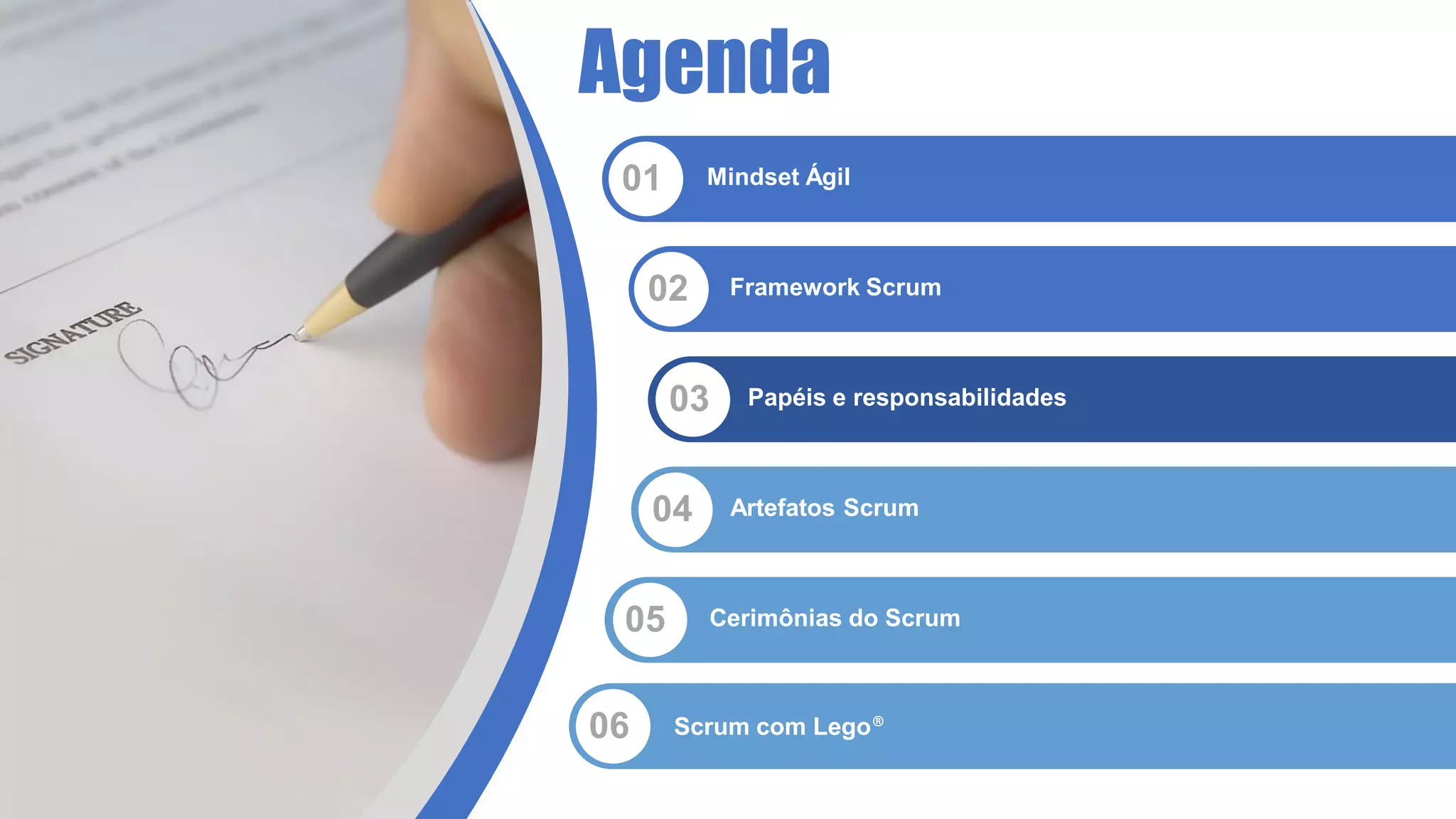 Agenda
01 Mindset Ágil
02 Framework Scrum
03 Papéis e responsabilidades
04 Artefatos Scrum
05 Cerimônias do Scrum
06 Scrum com Lego®
 