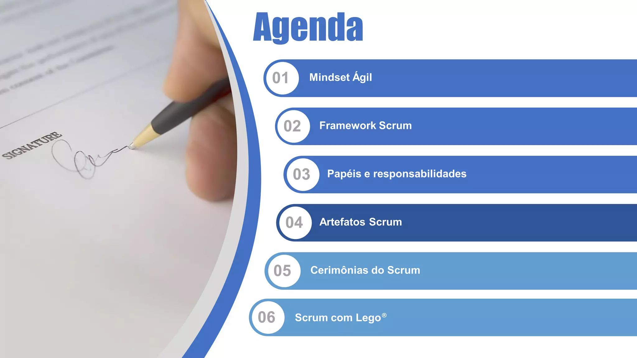Agenda
01 Mindset Ágil
02 Framework Scrum
03 Papéis e responsabilidades
04 Artefatos Scrum
05 Cerimônias do Scrum
06 Scrum com Lego®
 