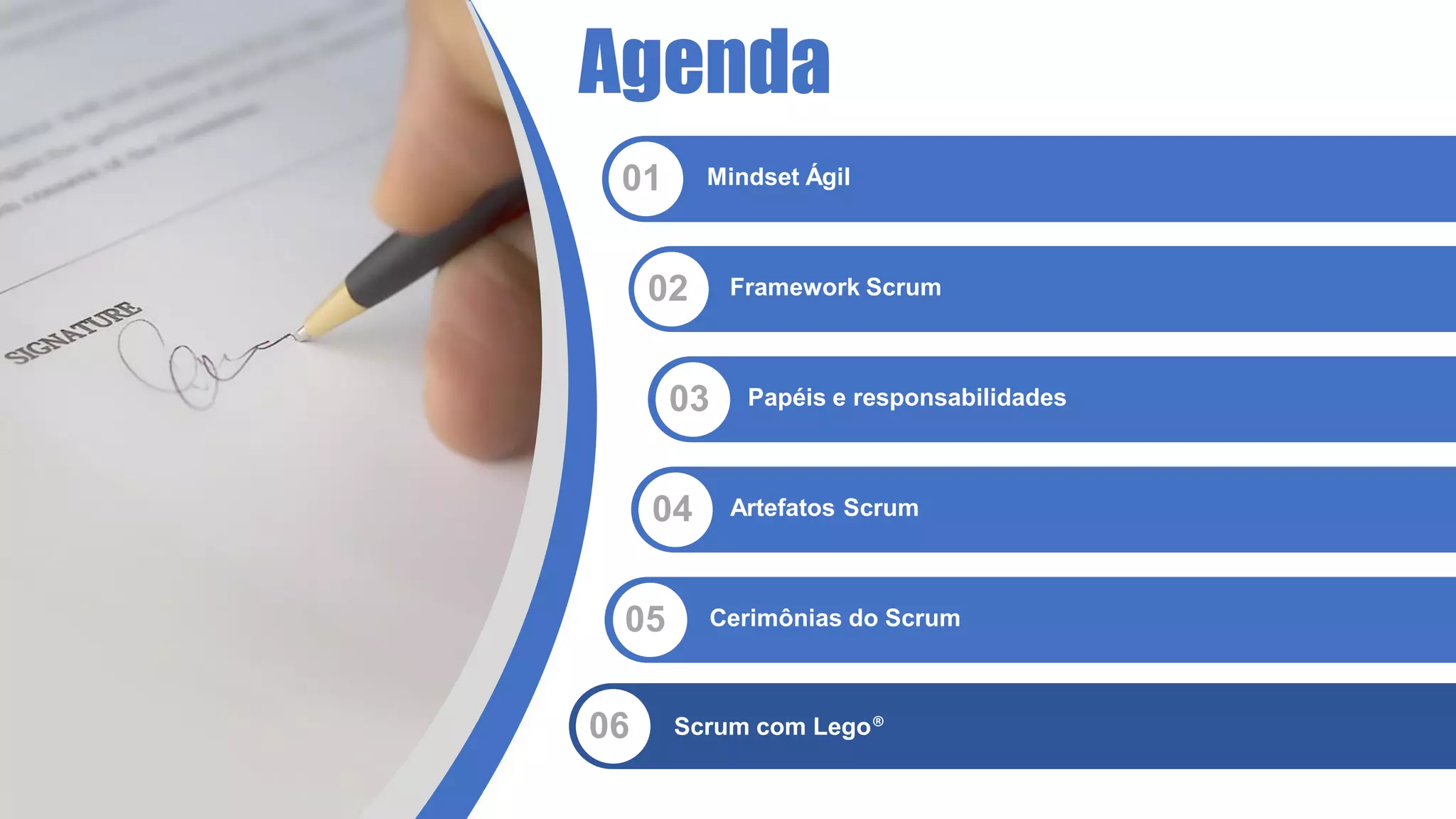 Agenda
01 Mindset Ágil
02 Framework Scrum
03 Papéis e responsabilidades
04 Artefatos Scrum
05 Cerimônias do Scrum
06 Scrum com Lego®
 