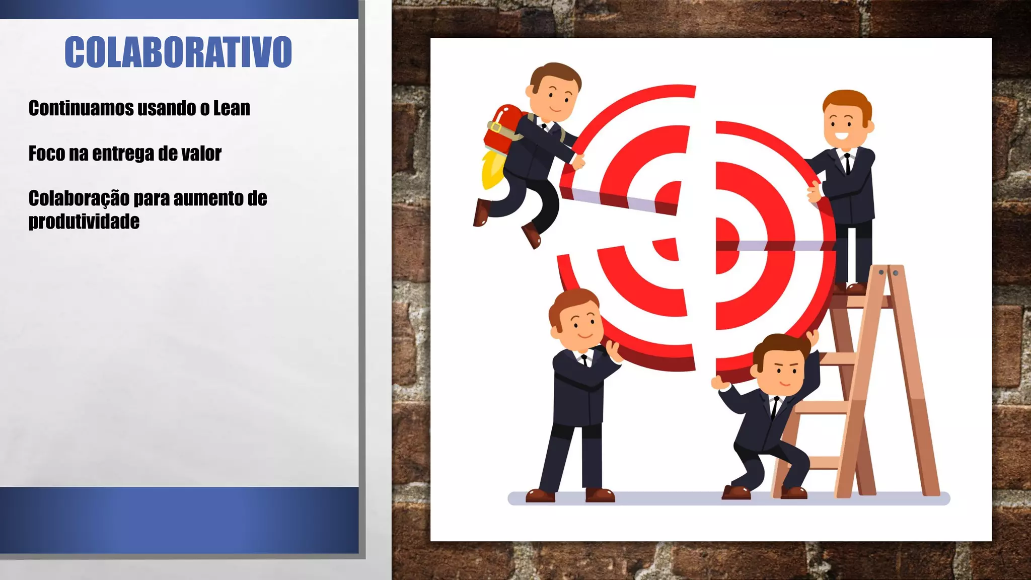 COLABORATIVO
Continuamos usando o Lean
Foco na entrega de valor
Colaboração para aumento de
produtividade
 