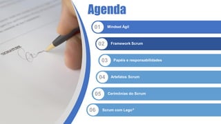 Agenda
01 Mindset Ágil
02 Framework Scrum
03 Papéis e responsabilidades
04 Artefatos Scrum
05 Cerimônias do Scrum
06 Scrum com Lego®
 
