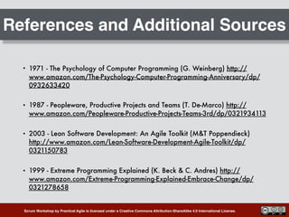 Scrum Workshop by Practical Agile is licensed under a Creative Commons Attribution-ShareAlike 4.0 International License.
References and Additional Sources
• 1971 - The Psychology of Computer Programming (G. Weinberg) http://
www.amazon.com/The-Psychology-Computer-Programming-Anniversary/dp/
0932633420
• 1987 - Peopleware, Productive Projects and Teams (T. De-Marco) http://
www.amazon.com/Peopleware-Productive-Projects-Teams-3rd/dp/0321934113
• 2003 - Lean Software Development: An Agile Toolkit (M&T Poppendieck)
http://www.amazon.com/Lean-Software-Development-Agile-Toolkit/dp/
0321150783
• 1999 - Extreme Programming Explained (K. Beck & C. Andres) http://
www.amazon.com/Extreme-Programming-Explained-Embrace-Change/dp/
0321278658
 