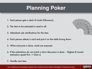 Scrum Workshop by Practical Agile is licensed under a Creative Commons Attribution-ShareAlike 4.0 International License.
Planning Poker
1. Each person gets a deck of cards (Fibonacci).
2. The item to be estimated is read to all.
3. Attendants ask clariﬁcations for the item.
4. Each person selects a card and puts it on the table facing down.
5. When everyone is done, cards are exposed.
6. If the estimations do not match a short discussion is done – Highest & Lowest
estimators speak ﬁrst. -> Goto 4.
7. Handle next item.
12 3 5 8
132040
 