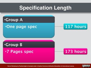 Scrum Workshop by Practical Agile is licensed under a Creative Commons Attribution-ShareAlike 4.0 International License.
Speciﬁcation Length
•One page spec
•Group A
•7 Pages spec
•Group B
173 hours
117 hours
 