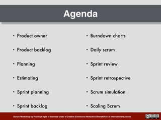 Scrum Workshop by Practical Agile is licensed under a Creative Commons Attribution-ShareAlike 4.0 International License.
Agenda
• Product owner
• Product backlog
• Planning
• Estimating
• Sprint planning
• Sprint backlog
• Burndown charts
• Daily scrum
• Sprint review
• Sprint retrospective
• Scrum simulation
• Scaling Scrum
 