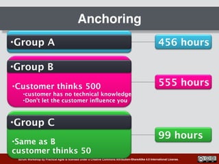 Scrum Workshop by Practical Agile is licensed under a Creative Commons Attribution-ShareAlike 4.0 International License.
Anchoring
•Group A
•Customer thinks 500
•customer has no technical knowledge
•Don’t let the customer inﬂuence you
•Group B
555 hours
456 hours
•Same as B  
customer thinks 50
•Group C
99 hours
 
