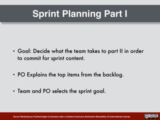 Scrum Workshop by Practical Agile is licensed under a Creative Commons Attribution-ShareAlike 4.0 International License.
Sprint Planning Part I
• Goal: Decide what the team takes to part II in order
to commit for sprint content.
• PO Explains the top items from the backlog.
• Team and PO selects the sprint goal.
 