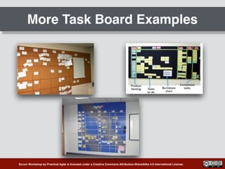 Scrum Workshop by Practical Agile is licensed under a Creative Commons Attribution-ShareAlike 4.0 International License.
More Task Board Examples
 