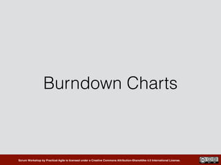Scrum Workshop by Practical Agile is licensed under a Creative Commons Attribution-ShareAlike 4.0 International License.
Burndown Charts
 