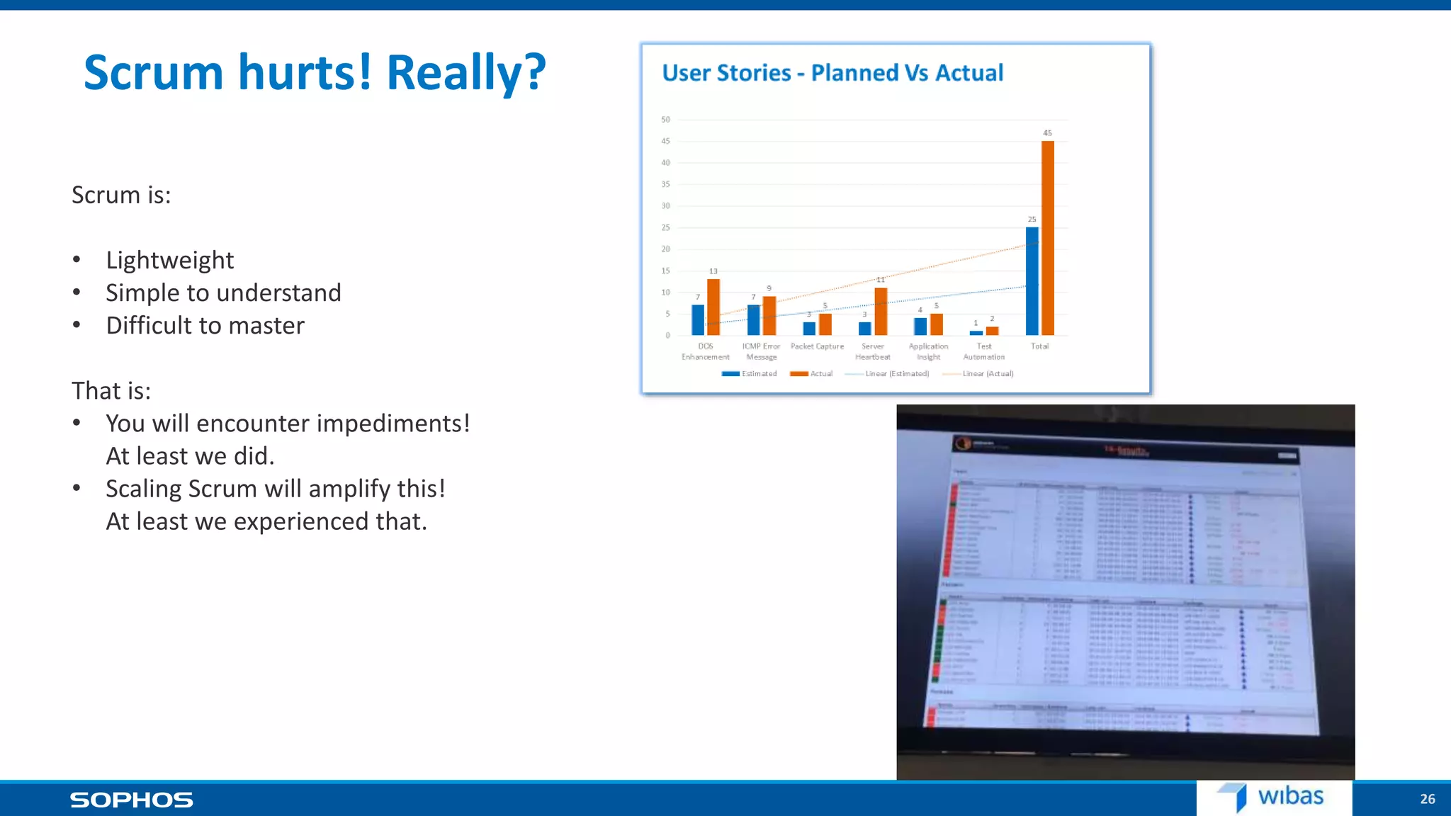 26
Scrum hurts! Really?
Scrum is:
• Lightweight
• Simple to understand
• Difficult to master
That is:
• You will encounter impediments!
At least we did.
• Scaling Scrum will amplify this!
At least we experienced that.
 