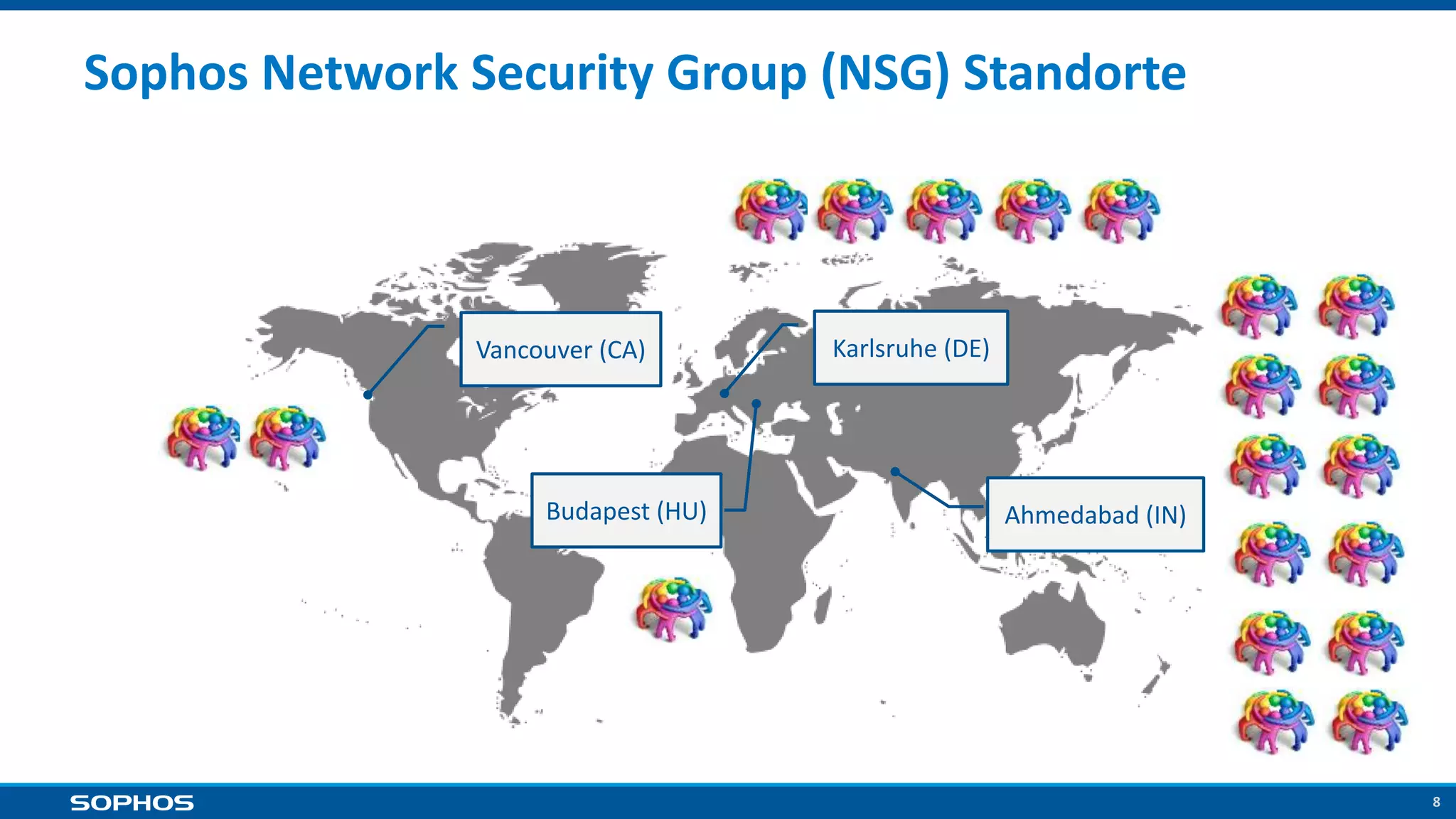 8
Sophos Network Security Group (NSG) Standorte
Karlsruhe (DE)
Budapest (HU)
Vancouver (CA)
Ahmedabad (IN)
 