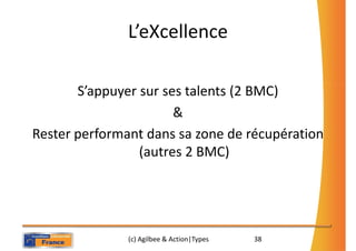 L’eXcellence

       S’appuyer sur ses talents (2 BMC)
                       &
Rester performant dans sa zone de récupération
                 (autres 2 BMC)




               (c) Agilbee & Action|Types   38
 