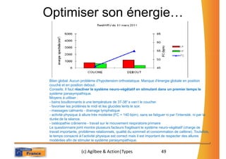 Optimiser son énergie…




 Bilan global: Aucun problème d'hypotension orthostatique. Manque d'énergie globale en position
 couché et en position debout.
 Conseils: Il faut réactiver le système neuro-végétatif en stimulant dans un premier temps le
 système parasympathique.
 Moyens à utiliser :
 - bains bouillonnants à une température de 37-38°a van t le coucher.
 - favoriser les protéines le midi et les glucides lents le soir.
 - massages calmants - drainage lymphatique
 - activité physique à allure très modérée (FC < 140 bpm), sans se fatiguer ni par l’intensité, ni par la
 durée de la séance.
 - ostéopathie crânienne - travail sur le mouvement respiratoire primaire
 Le questionnaire joint montre plusieurs facteurs fragilisant le système neuro-végétatif (charge de
 travail importante, problèmes relationnels, qualité du sommeil et consommation de caféine). Toutefois,
 le temps consacré à l’activité physique est correct mais il est important de respecter des allures
 modérées afin de stimuler le système parasympathique.


                     (c) Agilbee & Action|Types                          49
 