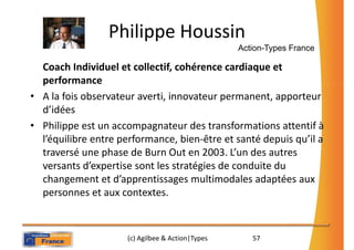 Philippe Houssin
                                                  Action-Types France

  Coach Individuel et collectif, cohérence cardiaque et
  performance
• A la fois observateur averti, innovateur permanent, apporteur
  d’idées
• Philippe est un accompagnateur des transformations attentif à
  l’équilibre entre performance, bien-être et santé depuis qu’il a
  traversé une phase de Burn Out en 2003. L’un des autres
  versants d’expertise sont les stratégies de conduite du
  changement et d’apprentissages multimodales adaptées aux
  personnes et aux contextes.



                     (c) Agilbee & Action|Types      57
 