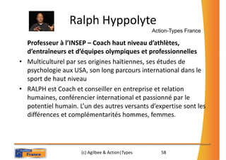 Ralph Hyppolyte
                                                  Action-Types France

  Professeur à l’INSEP – Coach haut niveau d’athlètes,
  d’entraîneurs et d’équipes olympiques et professionnelles
• Multiculturel par ses origines haïtiennes, ses études de
  psychologie aux USA, son long parcours international dans le
  sport de haut niveau
• RALPH est Coach et conseiller en entreprise et relation
  humaines, conférencier international et passionné par le
  potentiel humain. L’un des autres versants d’expertise sont les
  différences et complémentarités hommes, femmes.




                     (c) Agilbee & Action|Types      58
 