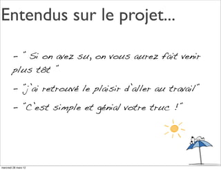 Entendus sur le projet...

        - ” Si on avez su, on vous aurez fait venir
        plus tôt ”

        - ”j’ai retrouvé le plaisir d’aller au travail”

        - ”C’est simple et génial votre truc !”




mercredi 28 mars 12
 