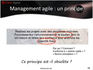 Management agile : un principe




                                Par qui ? Comment ?
                                Conforme à « ryhtme viable » ?
                                « Bonne conception » ?


    Ce principe est-il obsolète ?
              thierrycros.net                                    18
 