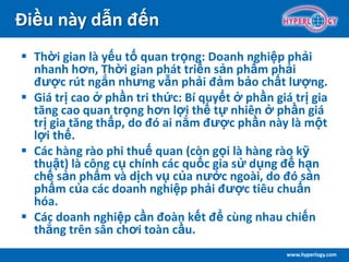 www.hyperlogy.com
Điều này dẫn đến
 Thời gian là yếu tố quan trọng: Doanh nghiệp phải
nhanh hơn, Thời gian phát triển sản phẩm phải
được rút ngắn nhưng vẫn phải đảm bảo chất lượng.
 Giá trị cao ở phần tri thức: Bí quyết ở phần giá trị gia
tăng cao quan trọng hơn lợi thế tự nhiên ở phần giá
trị gia tăng thấp, do đó ai nắm được phần này là một
lợi thế.
 Các hàng rào phi thuế quan (còn gọi là hàng rào kỹ
thuật) là công cụ chính các quốc gia sử dụng để hạn
chế sản phẩm và dịch vụ của nước ngoài, do đó sản
phẩm của các doanh nghiệp phải được tiêu chuẩn
hóa.
 Các doanh nghiệp cần đoàn kết để cùng nhau chiến
thắng trên sân chơi toàn cầu.
 