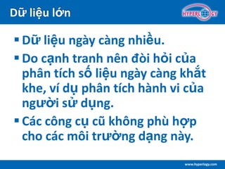 www.hyperlogy.com
Dữ liệu lớn
 Dữ liệu ngày càng nhiều.
 Do cạnh tranh nên đòi hỏi của
phân tích số liệu ngày càng khắt
khe, ví dụ phân tích hành vi của
người sử dụng.
 Các công cụ cũ không phù hợp
cho các môi trường dạng này.
 