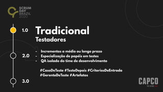 Tradicional1.0
2.0
3.0
Testadores
- Incrementos a médio ou longo prazo
- Especialização de papéis em testes
- QA isolado do time de desenvolvimento
#CasoDeTeste #TesteDepois #CriteriosDeEntrada 
#GerenteDeTeste #Artefatos
 