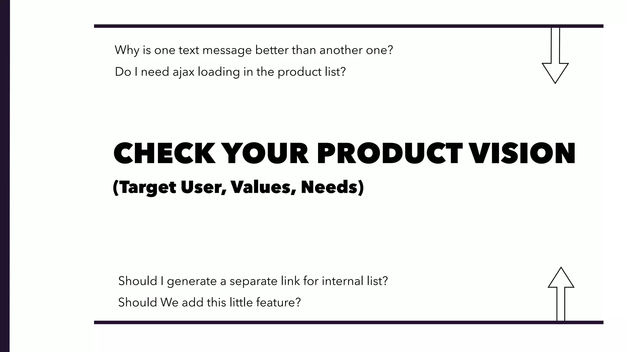 Why is one text message better than another one?
CHECK YOUR PRODUCT VISION  
(Target User, Values, Needs)
Do I need ajax loading in the product list?
Should I generate a separate link for internal list?
Should We add this little feature?
 