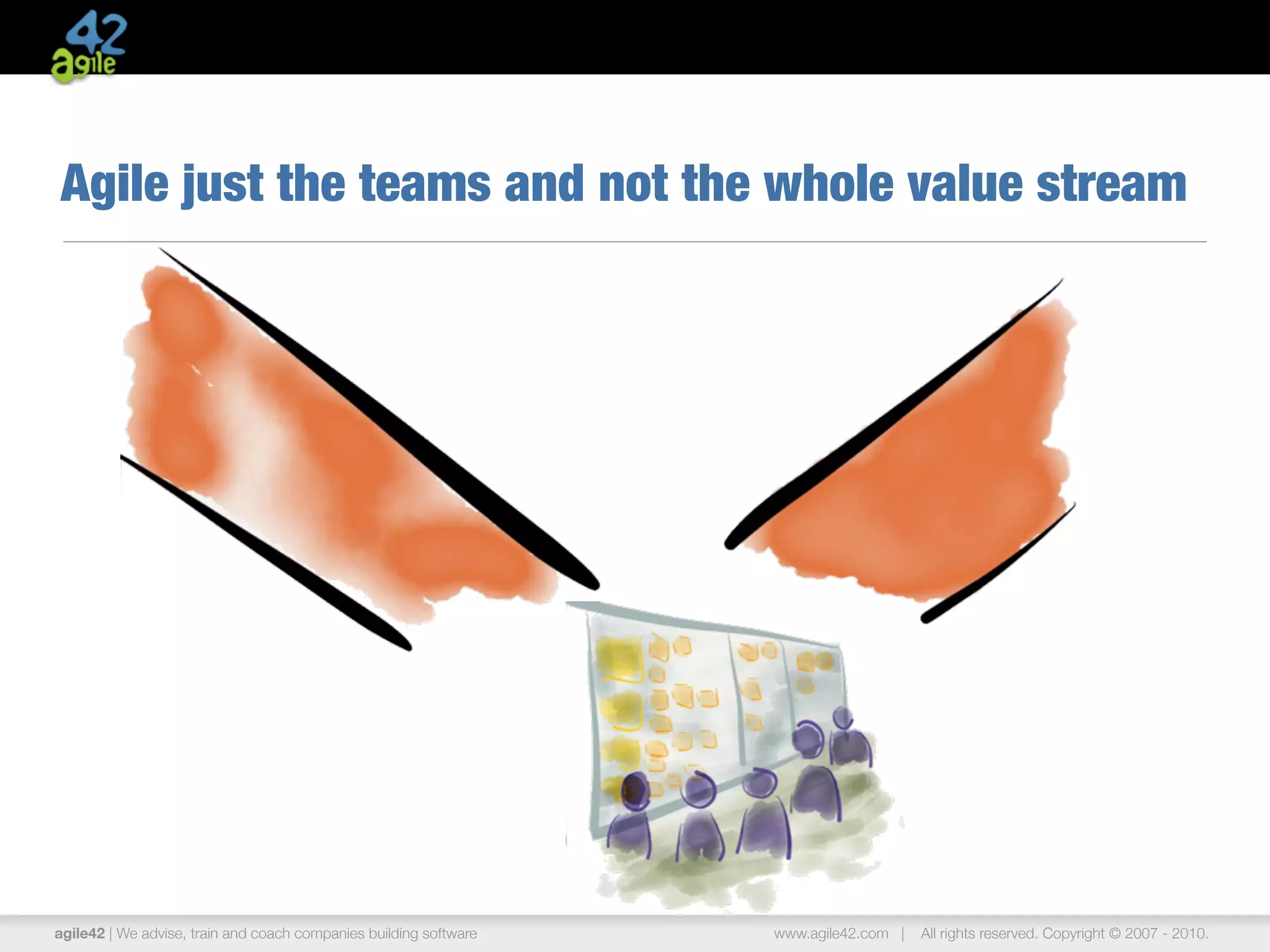 agile42 | The Agile Coaching Company www.agile42.com | All rights reserved. Copyright © 2007 - 2013.
Agile just the teams and not the whole value stream
 
