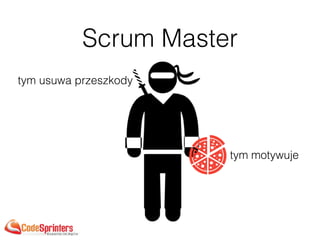 Scrum Master
tym usuwa przeszkody
tym motywuje
 