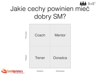 Jakie cechy powinien mieć
dobry SM?
Coach Mentor
Trener Doradca
PraktykiPryncypia
Działanie Obserwacja
5+5”
 