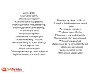 Zakres pracy
Anulowanie Sprintu
Zmiana zakresu pracy
Komunikowanie wizji produktu
Priorytetyzowanie Product Backlogu
Priorytetyzowanie Sprint Backlogu
Pisanie User Stories
Moderowanie spotkań
Moderowanie Retrospektywy
Tworzenie Backlogu Productu
Deklarowanie się do Sprint Backlogu
Usuwanie przeszkód
Motywowanie zespołu
Ochrona przed zewnętrznymi wpływami
Wybieranie ilości pracy w Sprincie
Deklaruje się ukończyć Sprint
Sprawdzanie i dostosowanie swojej
pracy
Zarządzanie zespołem
Wytykanie innym błędów
Pilnowanie, żeby produkt działał
Akceptowanie Story jako gotowych
Wykrywanie przeszkód
Zapewnianie że na koniec Sprintu jest
oddane coś używalnego
Reprezentowanie klienta
Informowanie udziałowców
 
