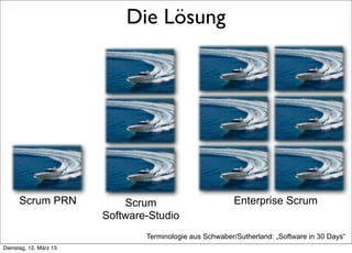 Die Lösung




      Scrum PRN                      Scrum                        Enterprise Scrum
                                 Software-Studio
     >> Titel der Präsentation           Terminologie aus Schwaber/Sutherland: „Software in 30 Days“
Dienstag, 12. März 13
 