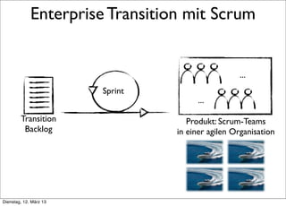Enterprise Transition mit Scrum


                                                  ...
                        Sprint
                                       ...

        Transition                  Produkt: Scrum-Teams
         Backlog                 in einer agilen Organisation




Dienstag, 12. März 13
 