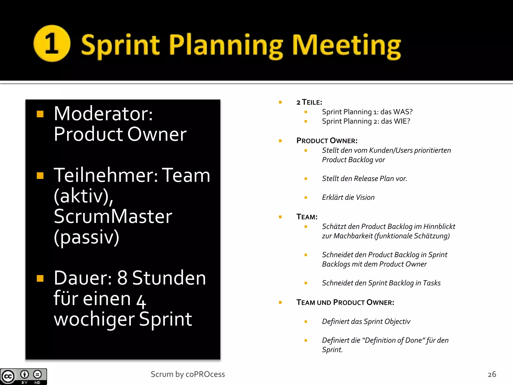  Moderator:
Product Owner
 Teilnehmer:Team
(aktiv),
ScrumMaster
(passiv)
 Dauer: 8 Stunden
für einen 4
wochiger Sprint
 2TEILE:
 Sprint Planning 1: das WAS?
 Sprint Planning 2: das WIE?
 PRODUCT OWNER:
 Stellt den vom Kunden/Users prioritierten
Product Backlog vor
 Stellt den Release Plan vor.
 Erklärt die Vision
 TEAM:
 Schätzt den Product Backlog im Hinnblickt
zur Machbarkeit (funktionale Schätzung)
 Schneidet den Product Backlog in Sprint
Backlogs mit dem Product Owner
 Schneidet den Sprint Backlog in Tasks
 TEAM UND PRODUCT OWNER:
 Definiert das Sprint Objectiv
 Definiert die “Definition of Done” für den
Sprint.
26Scrum by coPROcess
 