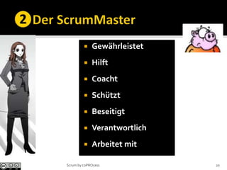  Gewährleistet
 Hilft
 Coacht
 Schützt
 Beseitigt
 Verantwortlich
 Arbeitet mit
20Scrum by coPROcess
 