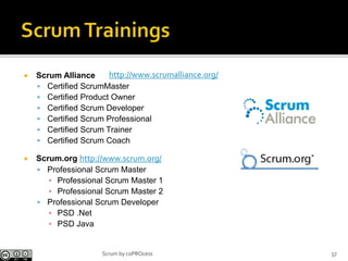  Scrum Alliance
 Certified ScrumMaster
 Certified Product Owner
 Certified Scrum Developer
 Certified Scrum Professional
 Certified Scrum Trainer
 Certified Scrum Coach
 Scrum.org http://www.scrum.org/
 Professional Scrum Master
▪ Professional Scrum Master 1
▪ Professional Scrum Master 2
 Professional Scrum Developer
▪ PSD .Net
▪ PSD Java
http://www.scrumalliance.org/
57Scrum by coPROcess
 