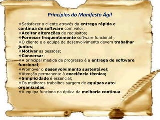 Princípios do Manifesto ÁgilSatisfazer o cliente através da entrega rápida e contínua de software com valor;