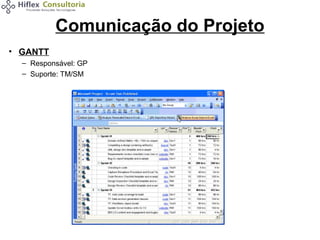 Comunicação do Projeto
• GANTT
– Responsável: GP
– Suporte: TM/SM

 