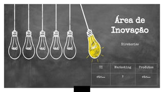 Área de
Inovação
Diretoria:
TI Marketing Produtos
etc... ? etc...
 